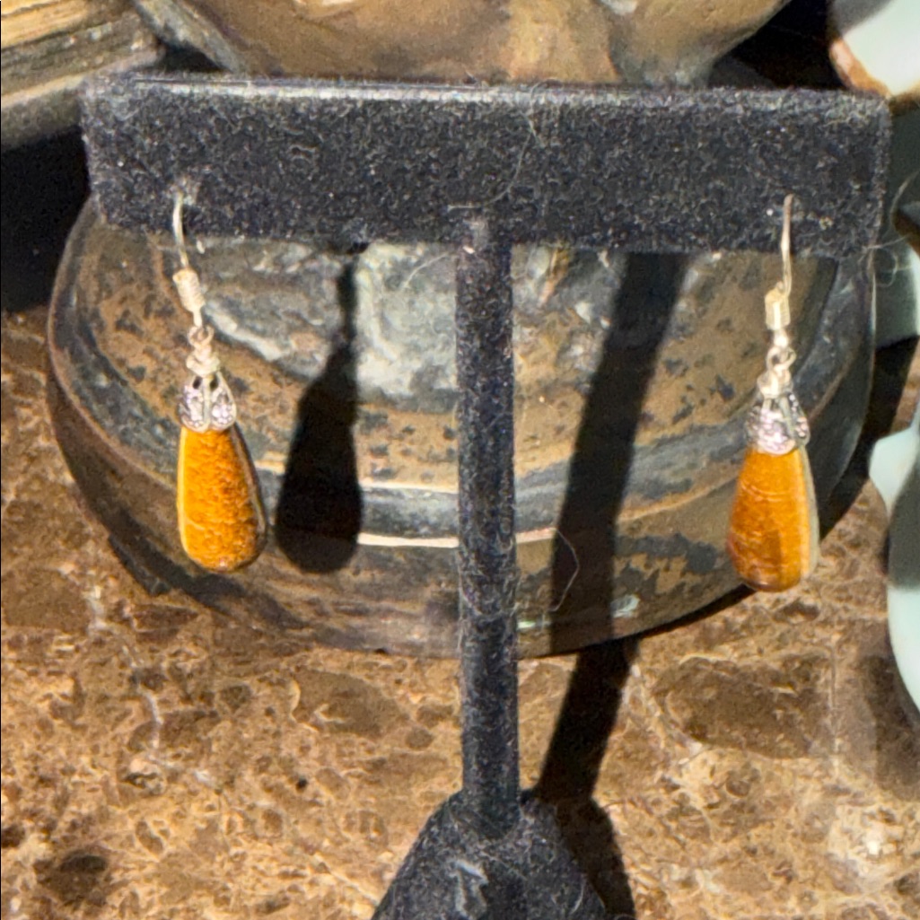 Tiger Eye Teardrop Pieced Earrings Sterling Silver Wires Vintage Handmade